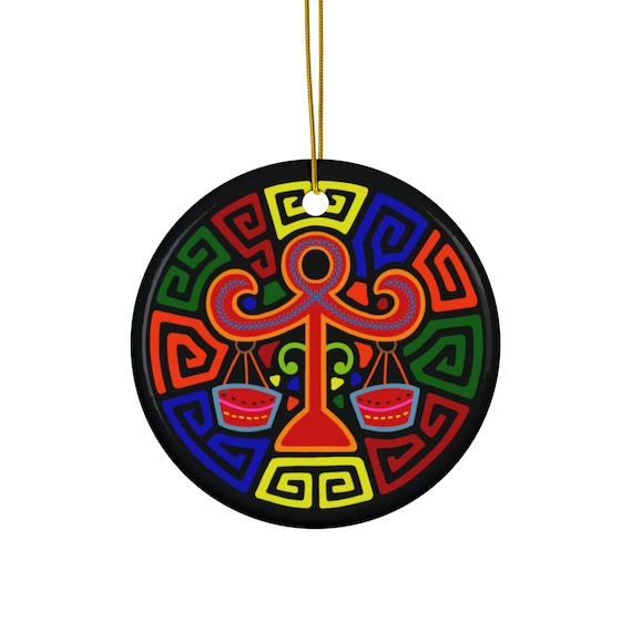 Colorful Libra Scales Mola Ornament | Ceramic Round Holiday Décor