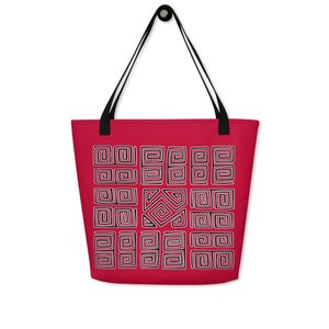 Panama Mola Red and Black Print Large Tote Bag