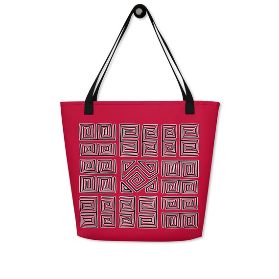 Panama Mola Red and Black Print Large Tote Bag