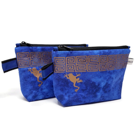 Size Medium Makeup Bag Blue Batik with Bronze Vinyl Applique
