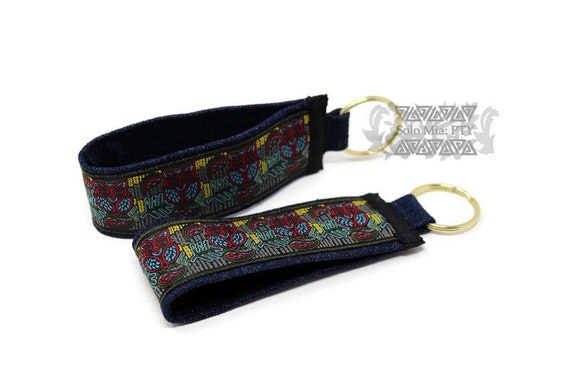 Green Owl Mola-like Jacquard Ribbon Keychain with Denim