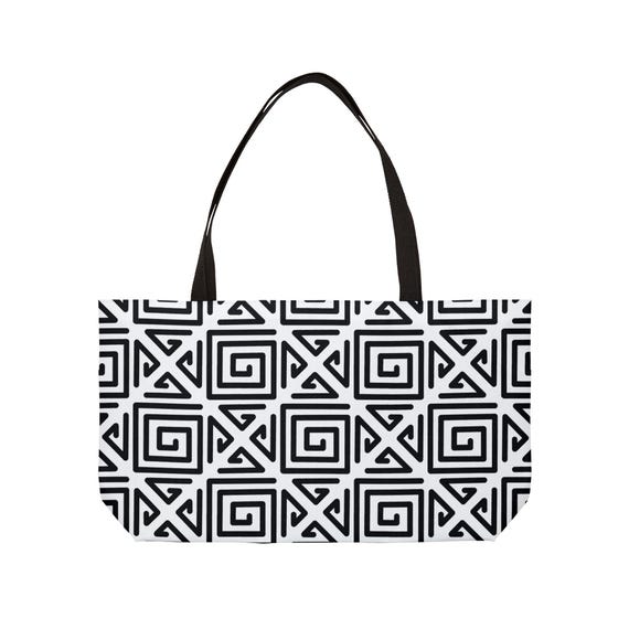 Black White Geometric Mola Pattern Weekender Tote | Mola Inspired Tile Beach Bag