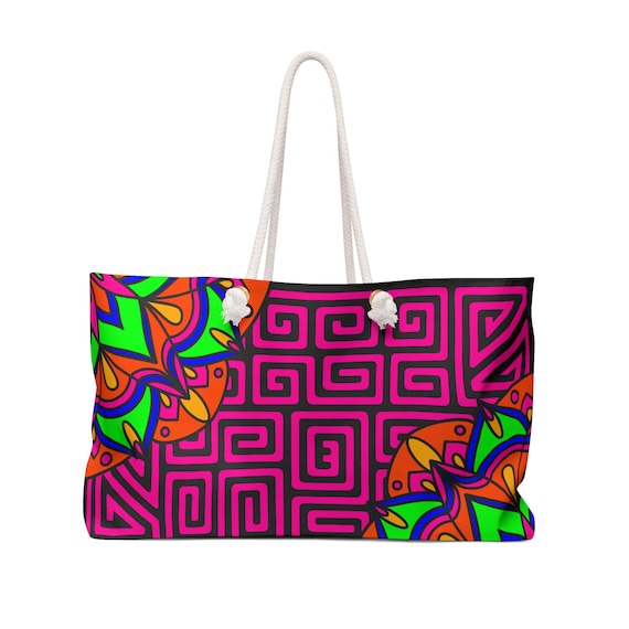 Hot Pink Mola with Mandala Pattern Weekender Bag | Pink Geometric Travel Tote