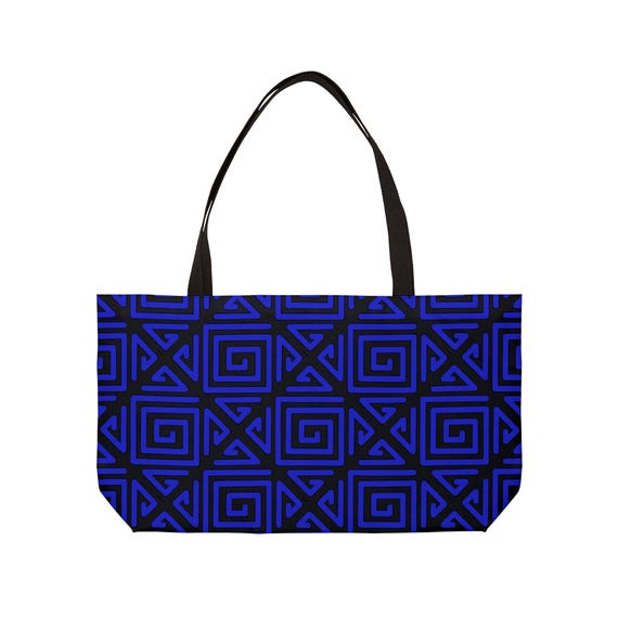 Geometric Blue Spiral Pattern Weekender Tote Bag | Navy Maze Design
