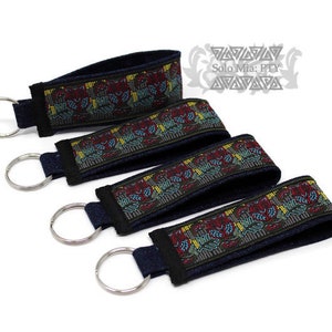 Green Owl Mola-like Jacquard Ribbon Keychain with Denim