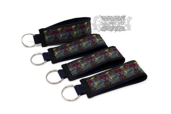 Green Owl Mola-like Jacquard Ribbon Keychain with Denim