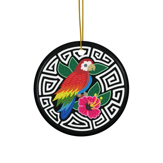 Tropical Parrot Hibiscus Ceramic Ornament | Round Holiday Decoration