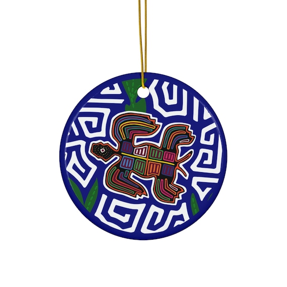 Sea Turtle Mola Ceramic Ornament | Round Holiday Decoration