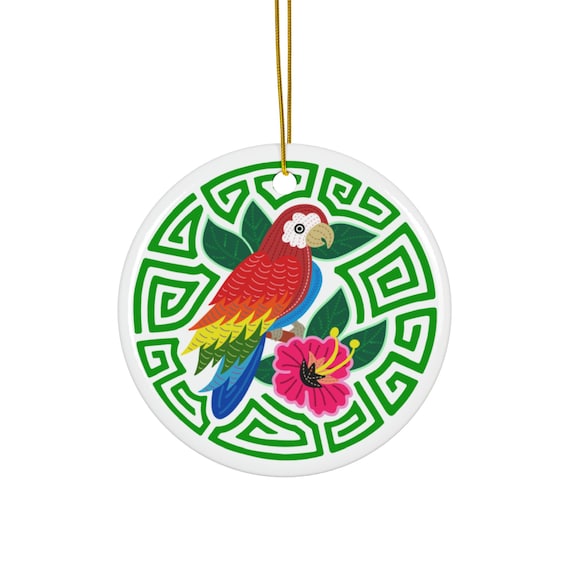 Tropical Parrot Hibiscus & Mola Ceramic Ornament