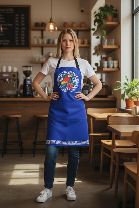 Tropical Parrot Hibiscus Apron | Blue Mola-inspired Kitchen Apron