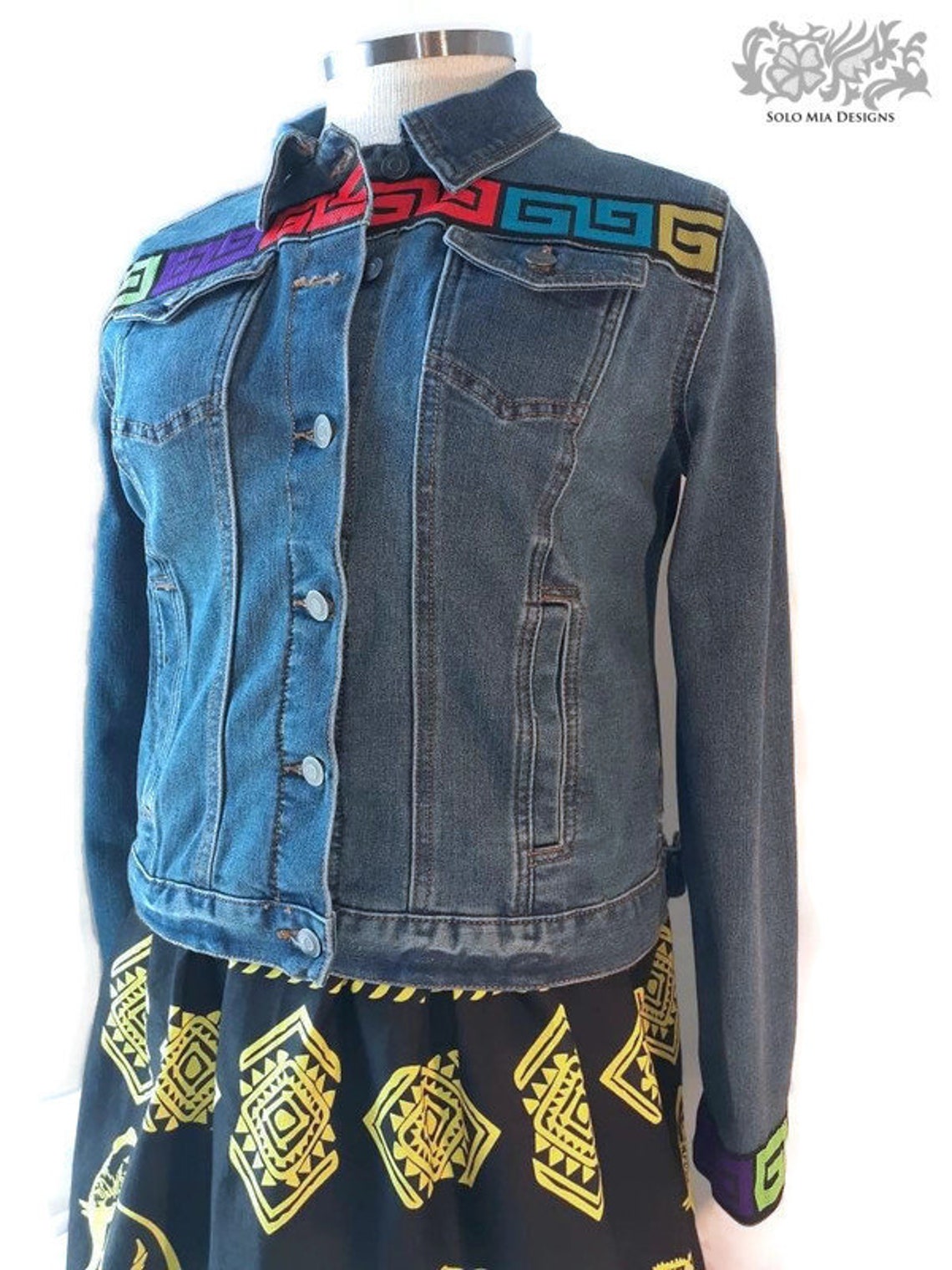 Blue Denim Jacket Embellished With Multicolor Mola and Ric Rac | Etsy