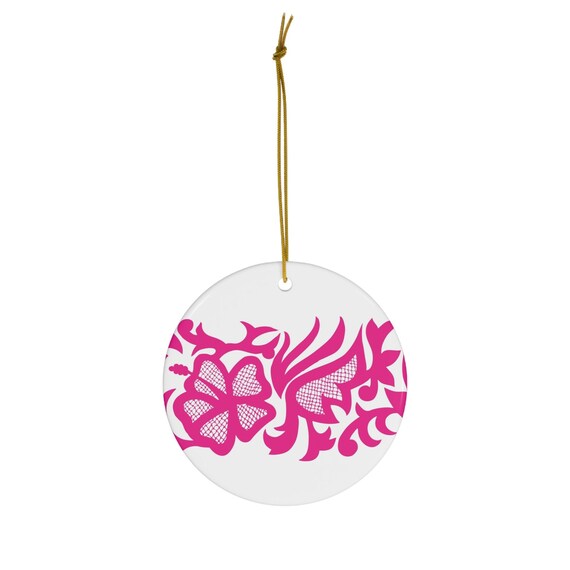 Hot Pink Pollera Print Round Ceramic Ornament