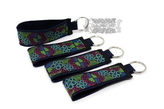 Green Hibiscus Mola-like Jacquard Ribbon Keychain with Denim