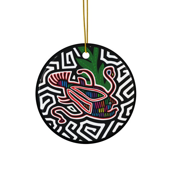 Colorful Angler Fish Mola Ceramic Ornament | Round Holiday Hanging Décor