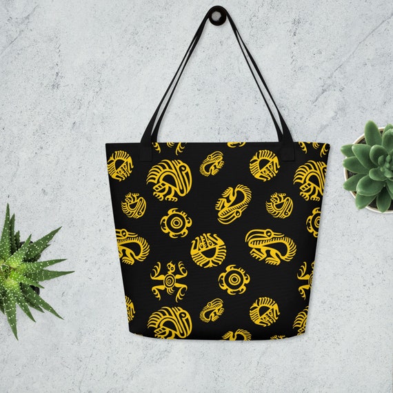 Pre-Columbian Art Print on Large Tote Bag, Yellow and Black