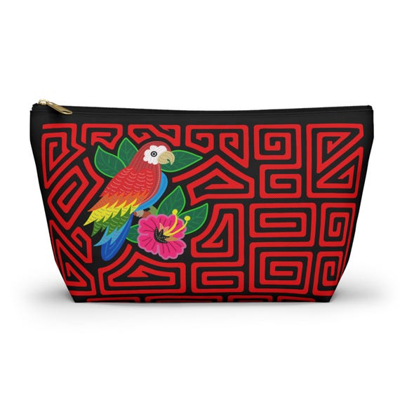 Tropical Parrot Mola Accessory Pouch | T-Bottom Makeup Bag, Red Geometric Pattern