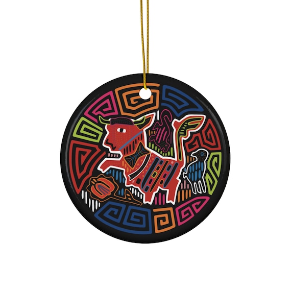 Colorful Bull Mola Artwork Ornament | Ceramic Round Holiday Decoration