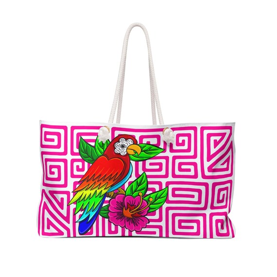 Colorful Parrot with Mola Pattern Weekender Bag | Pink Geometric Background