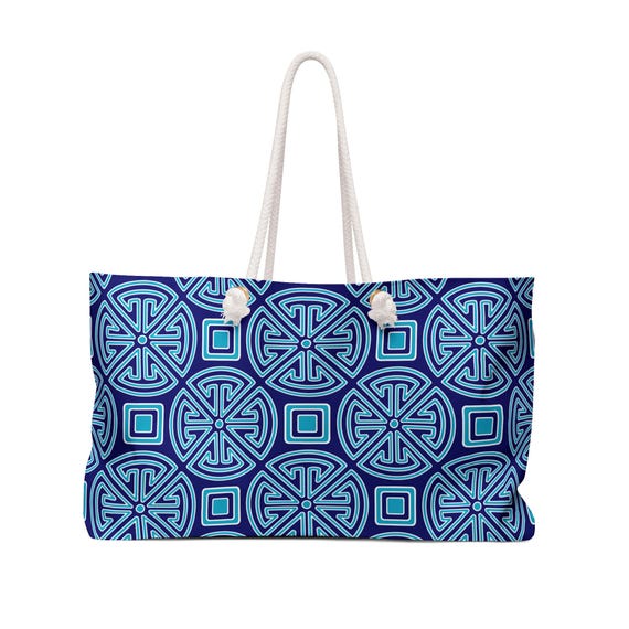 Blue Geometric Mola Mosaic Weekender | Nautical Tile Pattern Travel Bag