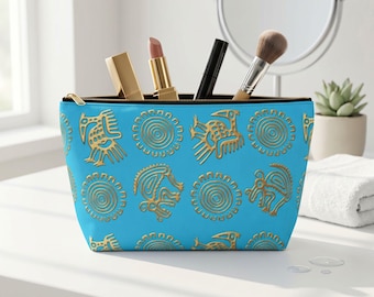 Neceser de arte precolombino / Bolso con estampado tribal dorado / Neceser con cremallera para maquillaje o viaje color turquesa