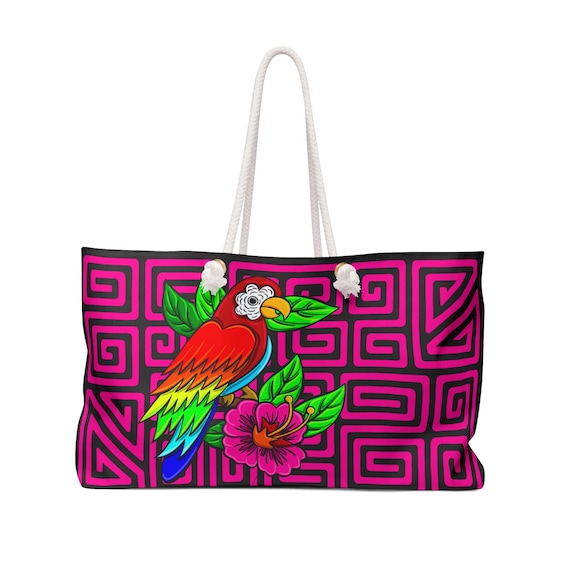 Colorful Parrot with Mola Pattern Weekender Bag | Tropical Geometric Tote