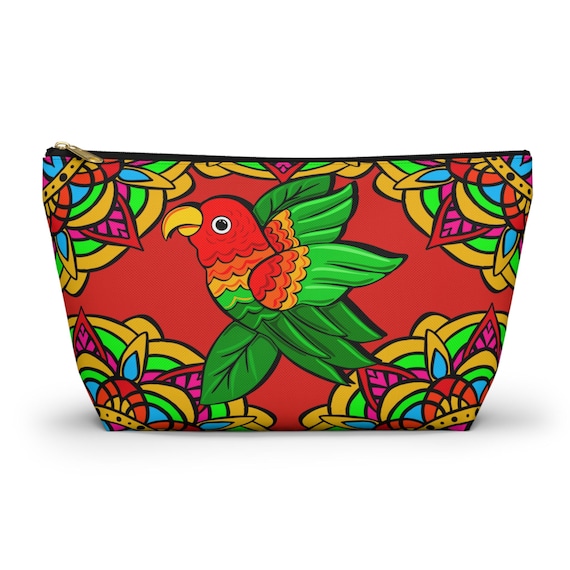 Colorful Parakeet Mandala in Red Accessory Pouch | T-Bottom Cosmetic Bag