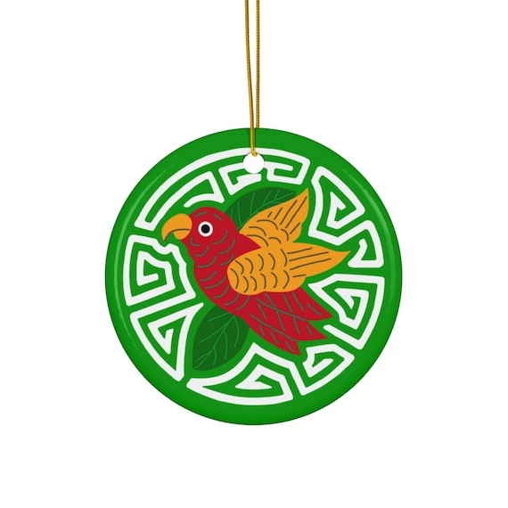 Colorful Parakeet Mola Ceramic Ornament | Holiday Tree Decoration