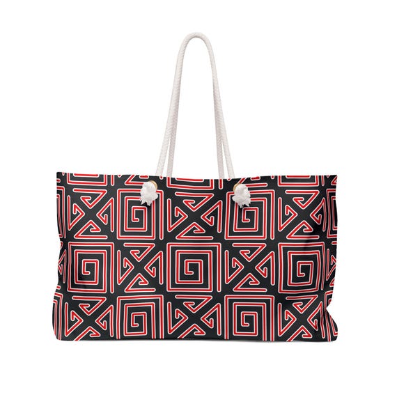 Geometric Mola Pattern Weekender Bag | White and Red Tile Print