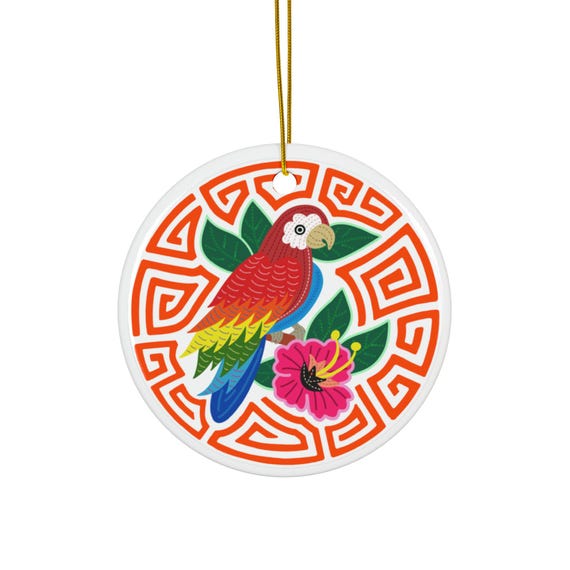 Colorful Parrot Floral Ceramic Ornament | Round Holiday Decoration