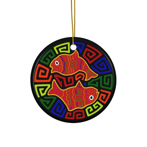 Pisces Fish Mola Ceramic Ornament | Round Holiday Decoration