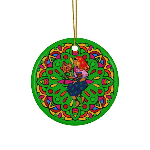 Folk Girl with Flowers Ornament | Ceramic Round Holiday Decoration