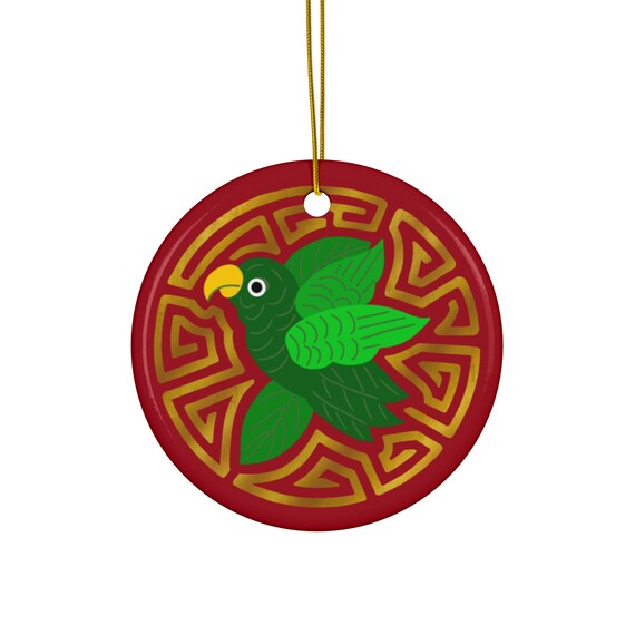 Green Parakeet Mola Circle Ornament | Ceramic Ornament