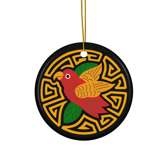 Red and Gold Parakeet Mola Ornament | Round Holiday Decoration