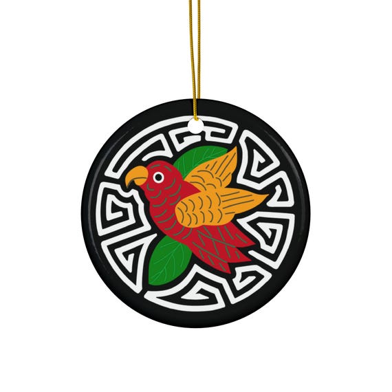Red Parakeet Mola Ceramic Ornament | Round Holiday Decoration