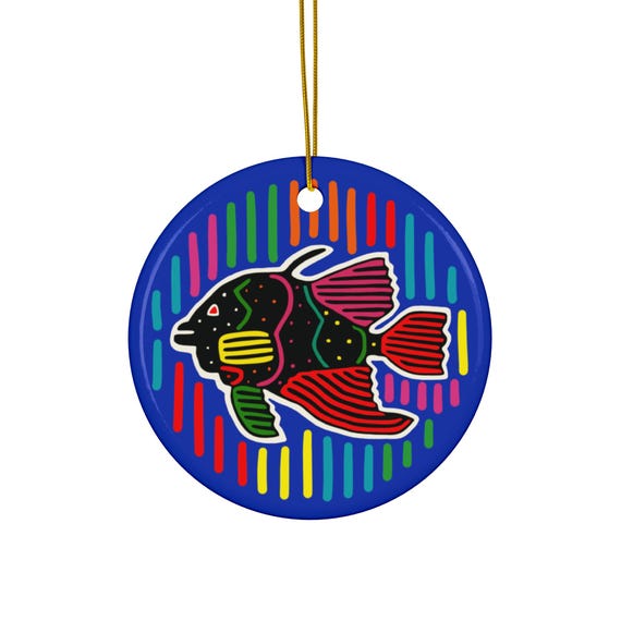 Colorful Fish Mola Ceramic Ornament | Round Christmas Decoration