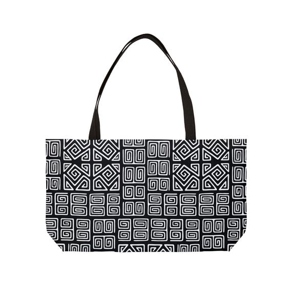 Black White Geometric Mola Pattern Weekender Tote Bag | Bold Tribal Squares