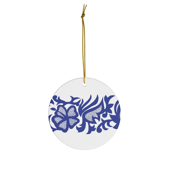 Blue Panama Pollera Print Round Ceramic Ornament
