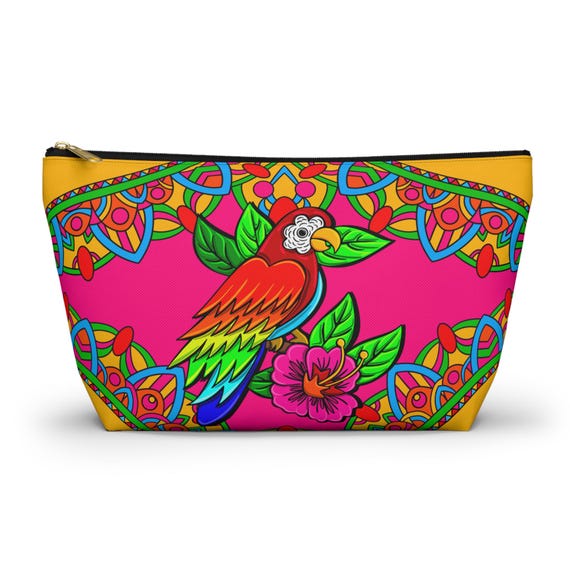 Tropical Parrot Makeup Bag | Vibrant Cosmetic Pouch, Travel Organizer, Hot Pink Mandala Border