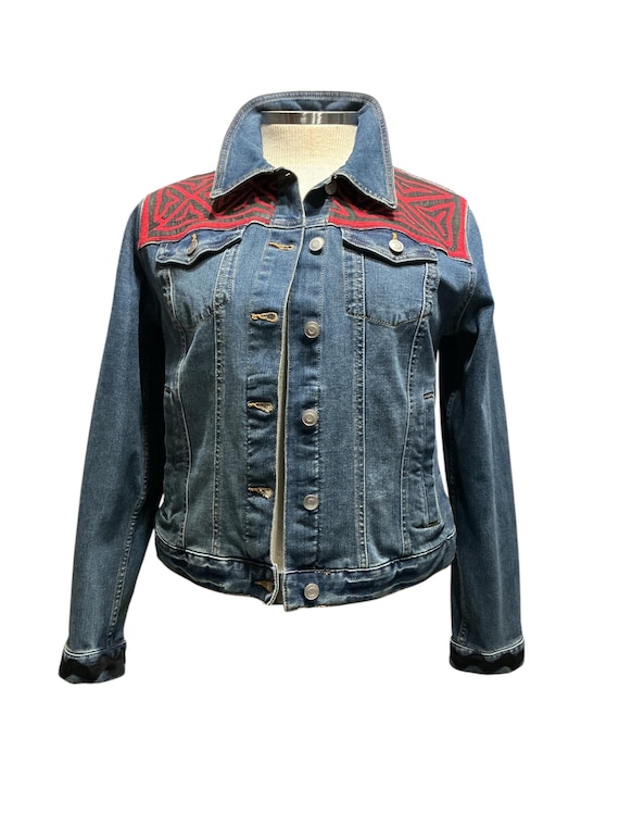Upcycled Denim Jacket: Boho Mola Applique Geometric Jean Outerwear XL