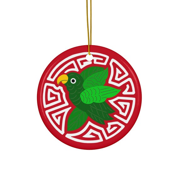Green Parakeet Mola Ornament | Ceramic Round Holiday Decoration