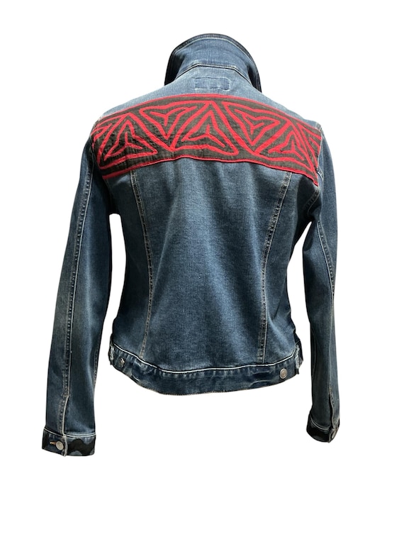 Upcycled Denim Jacket: Boho Mola Applique Geometric Jean Outerwear XL