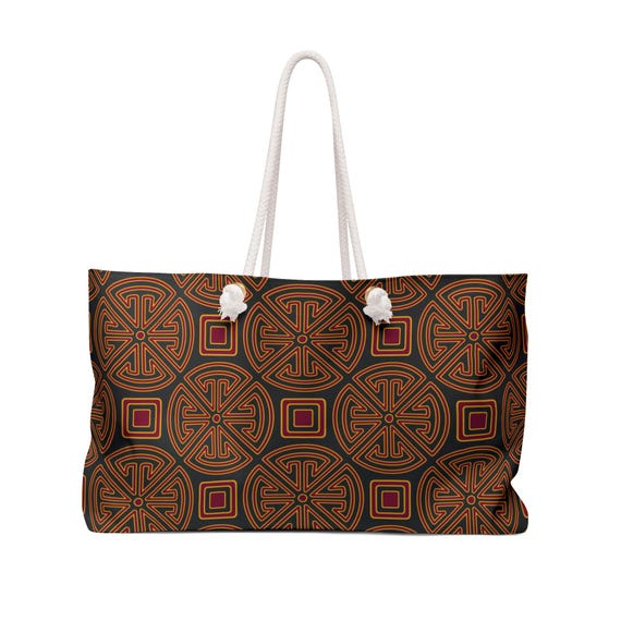 Geometric Mola Pattern Weekender Bag | Red Retro Circle Motif