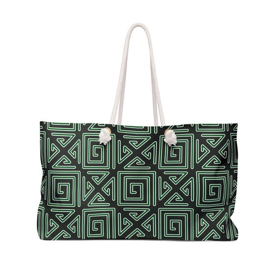 Geometric Mola Squares Weekender Bag | Green Black Pattern