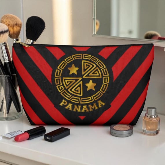 Panama Gold Emblem Red & Black Chevron Zipper Pouch | Makeup / Travel Bag