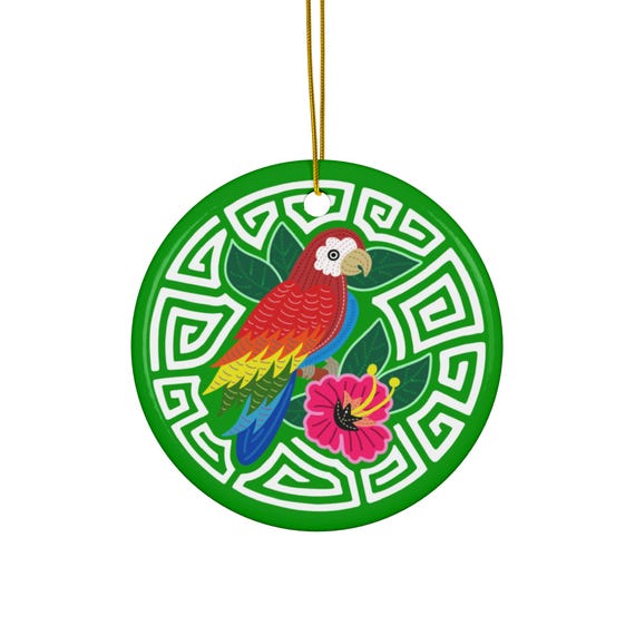 Tropical Parrot Hibiscus & Mola Ceramic Ornaments
