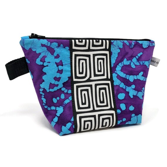 Large Makeup Bag Purple and Turquoise Batik with Mola Print