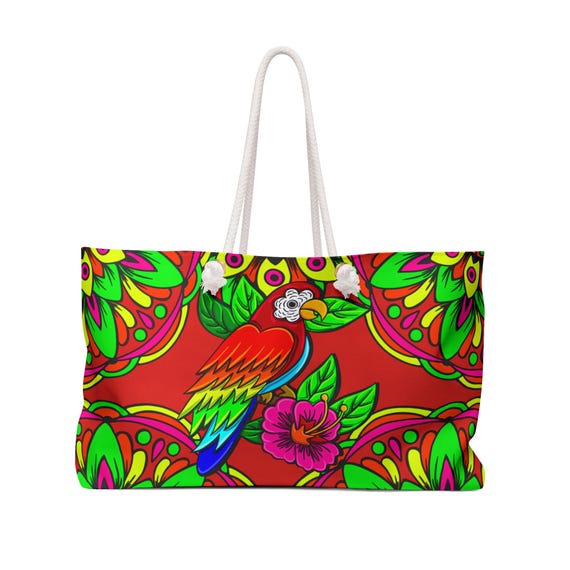 Tropical Parrot Print Weekender Bag | Bright Floral Beach Tote