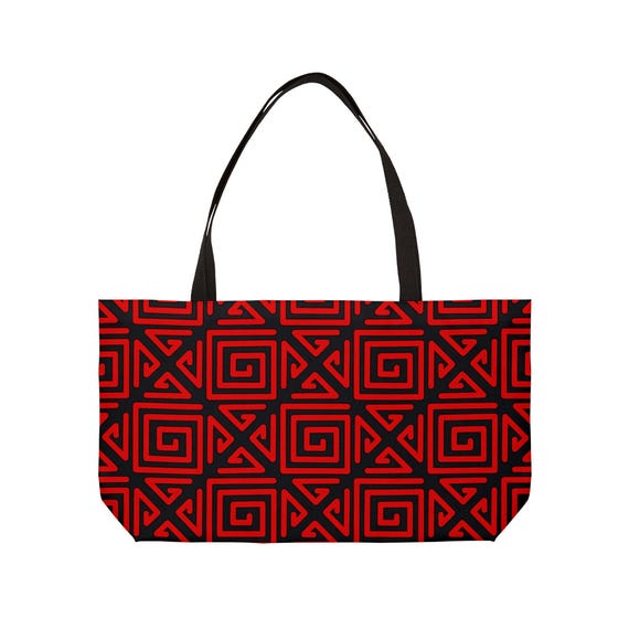 Red Geometric Spiral Pattern Weekender Tote Bag | Mola Inspired Motif