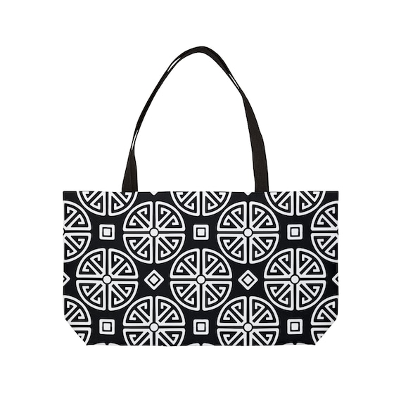 Black White Geometric Medallion Weekender Tote Bag | Modern Pattern Beach Bag