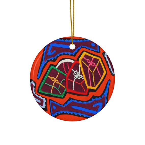Ceramic Ornament: Panama Mola Christmas Present, Holiday Tree Decoration, Tropical Gift, Indigenous Art Decor, Handcrafted Keepsake